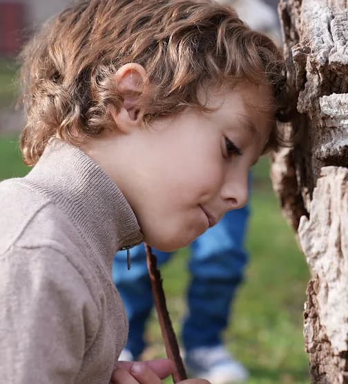 Niño apoyado en un árbol